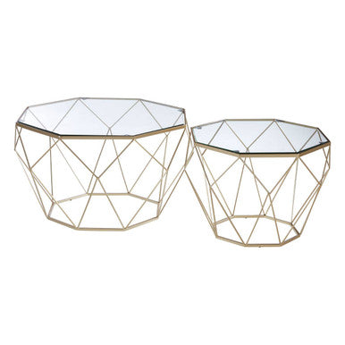 Set of 2 Gold Geometric Side Tables with Tempered Glass Tops