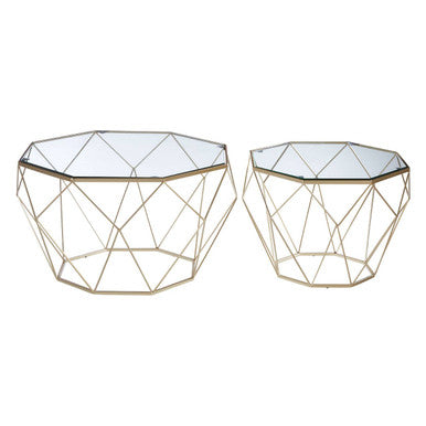Set of 2 Gold Geometric Side Tables with Tempered Glass Tops