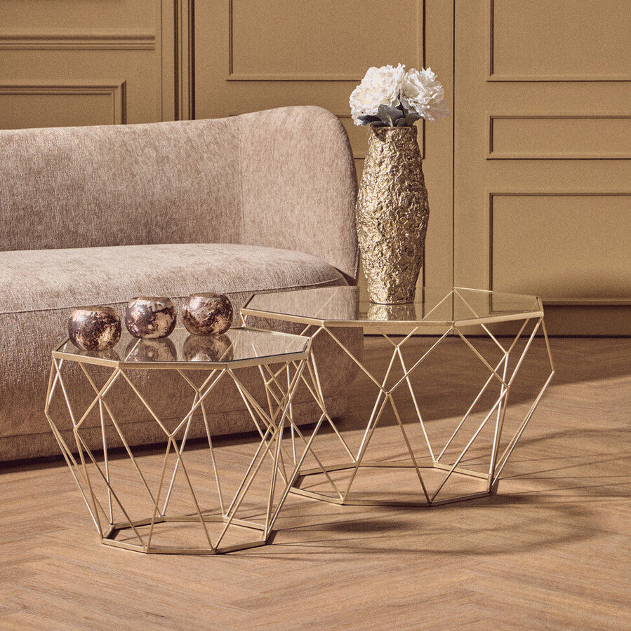 Set of 2 Gold Geometric Side Tables with Tempered Glass Tops