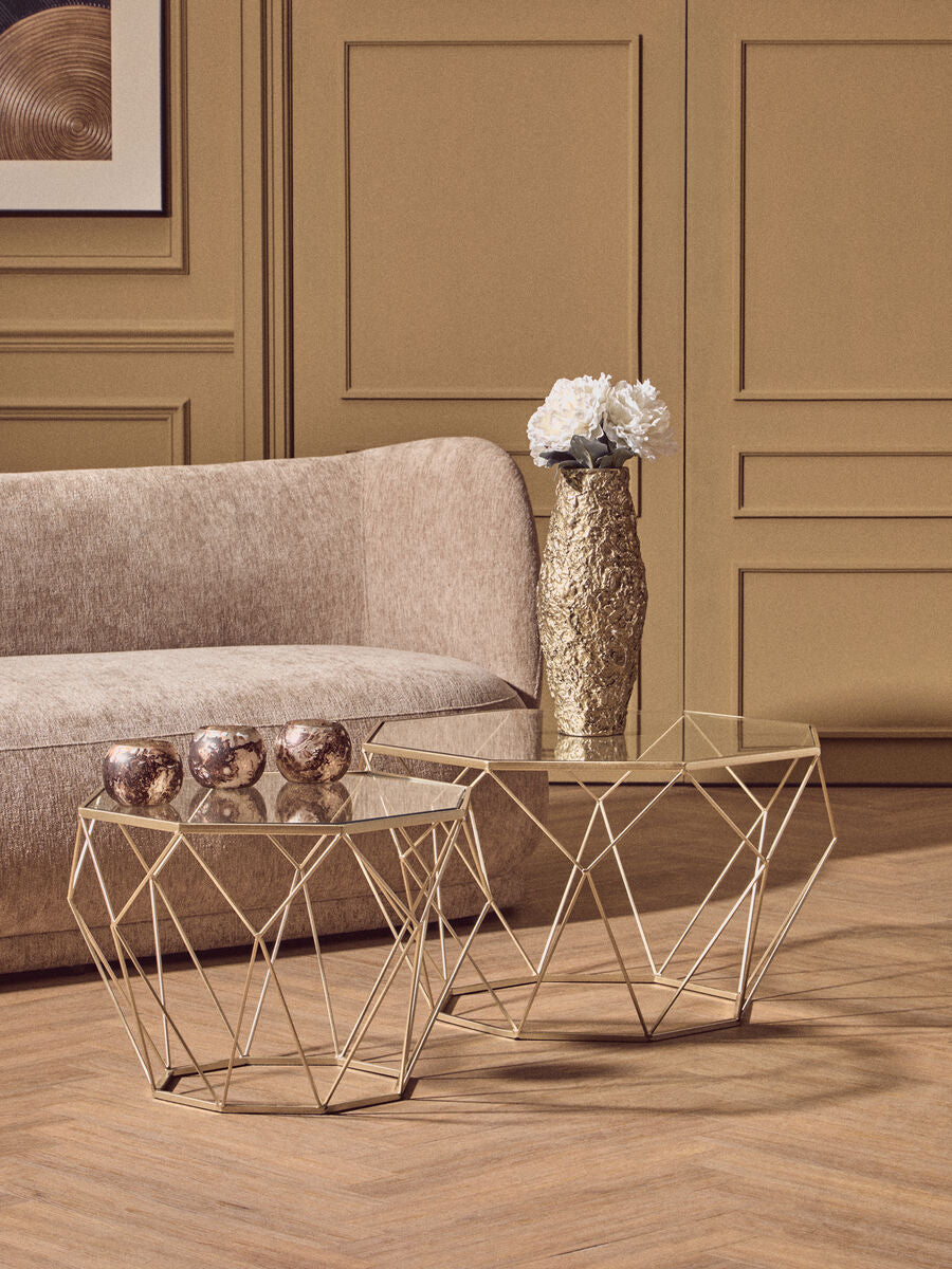 Set of 2 Gold Geometric Side Tables with Tempered Glass Tops