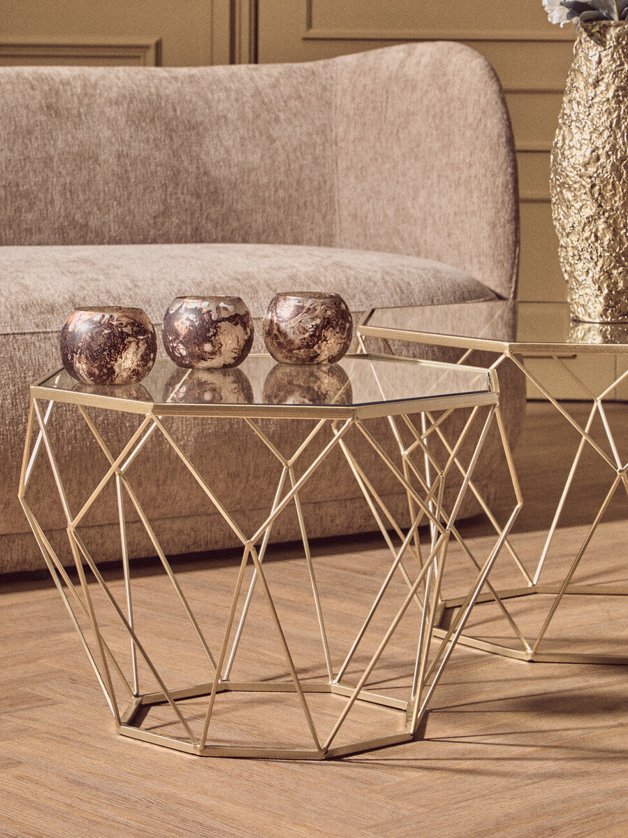 Set of 2 Gold Geometric Side Tables with Tempered Glass Tops