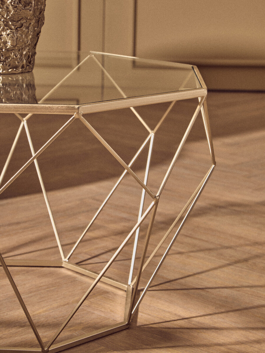 Set of 2 Gold Geometric Side Tables with Tempered Glass Tops