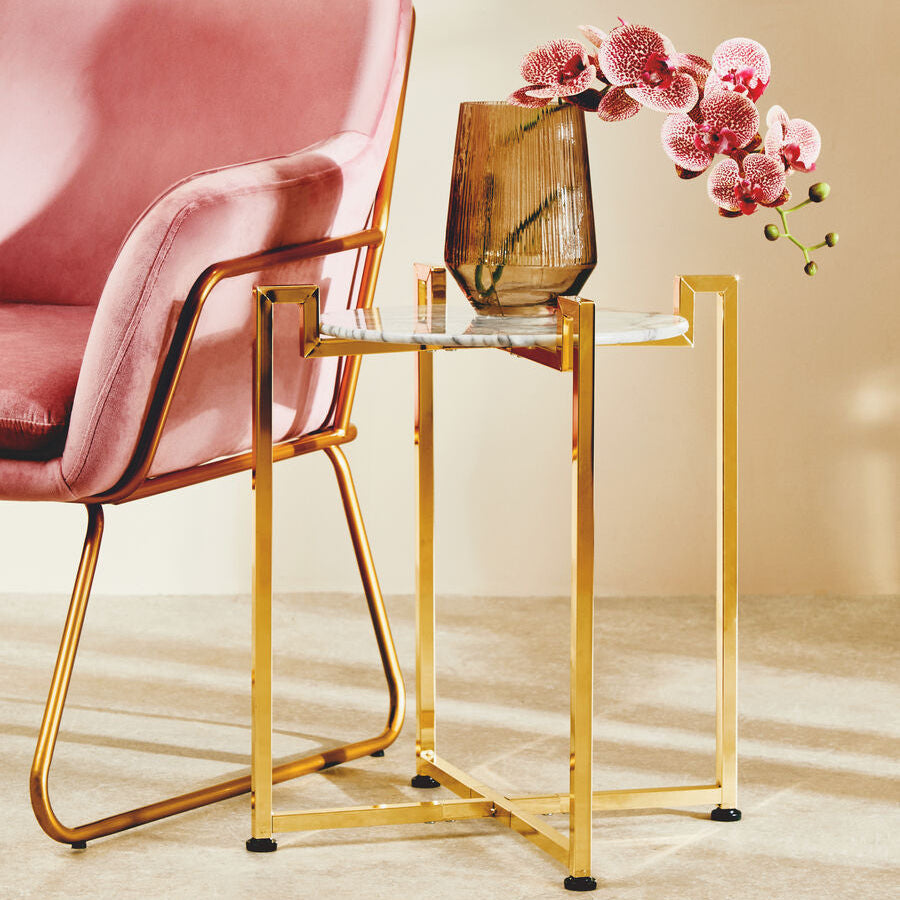 White Marble Round Side Table with Gold Metal Frame