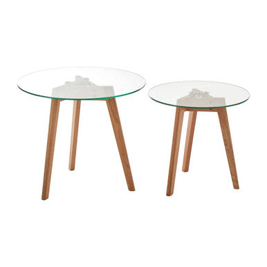Set of 2 Clear Glass Top Side Tables with Oak Wood Base