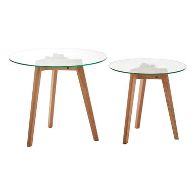 Set of 2 Clear Glass Top Side Tables with Oak Wood Base