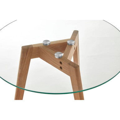 Set of 2 Clear Glass Top Side Tables with Oak Wood Base