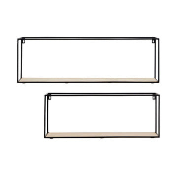 Set of 2 Cuboid Wall Shelves in Black and Natural Wood