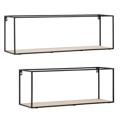 Set of 2 Cuboid Wall Shelves in Black and Natural Wood