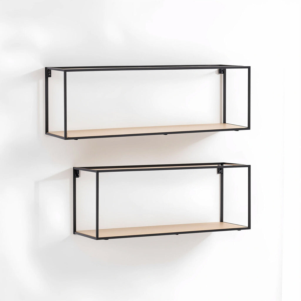 Set of 2 Cuboid Wall Shelves in Black and Natural Wood