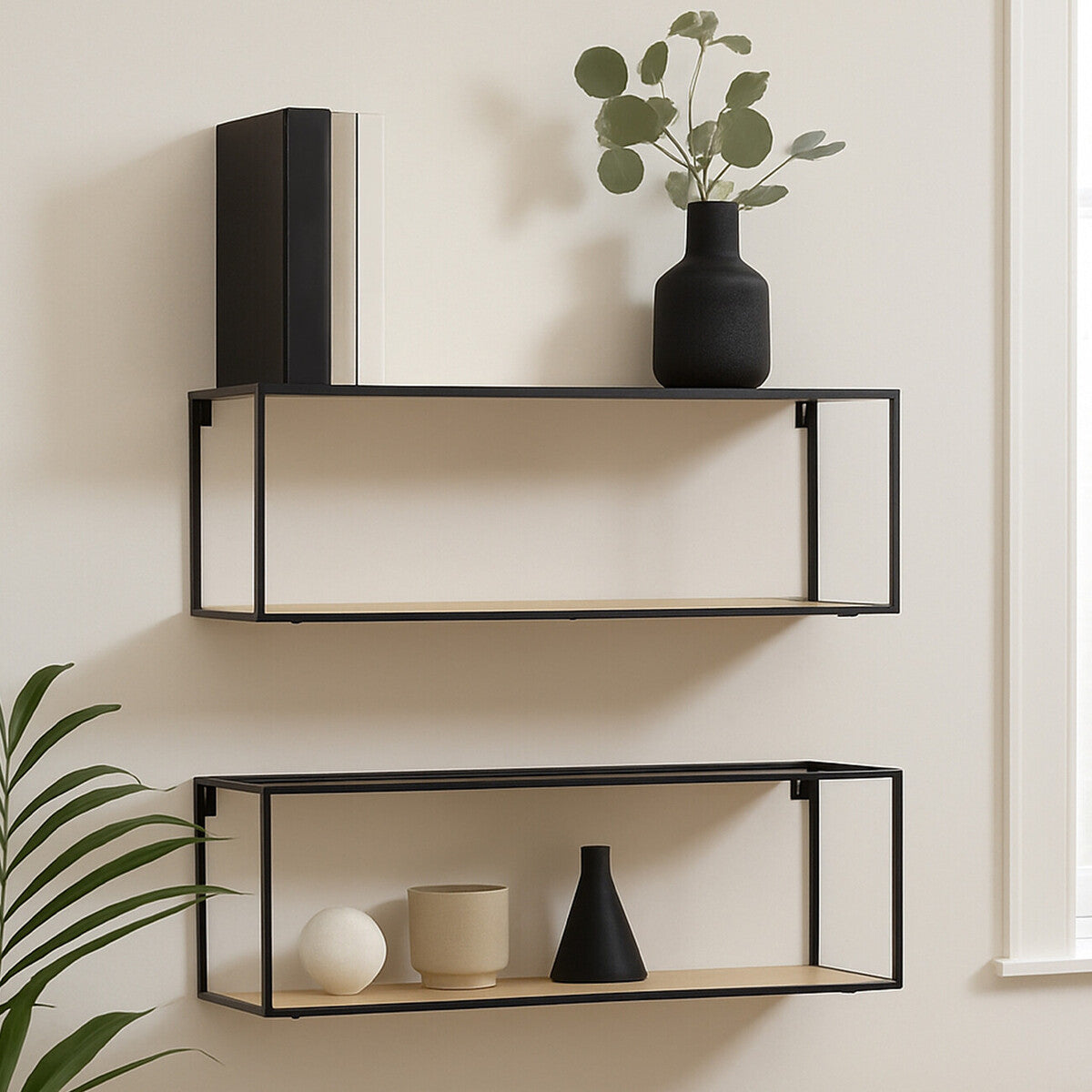 Set of 2 Cuboid Wall Shelves in Black and Natural Wood