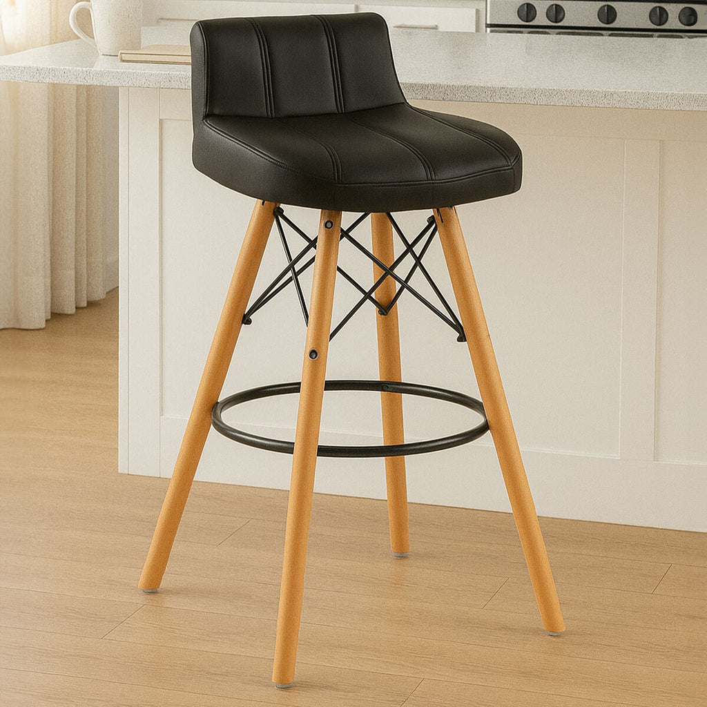 Black Leather Effect Bar Stool with Beechwood Legs