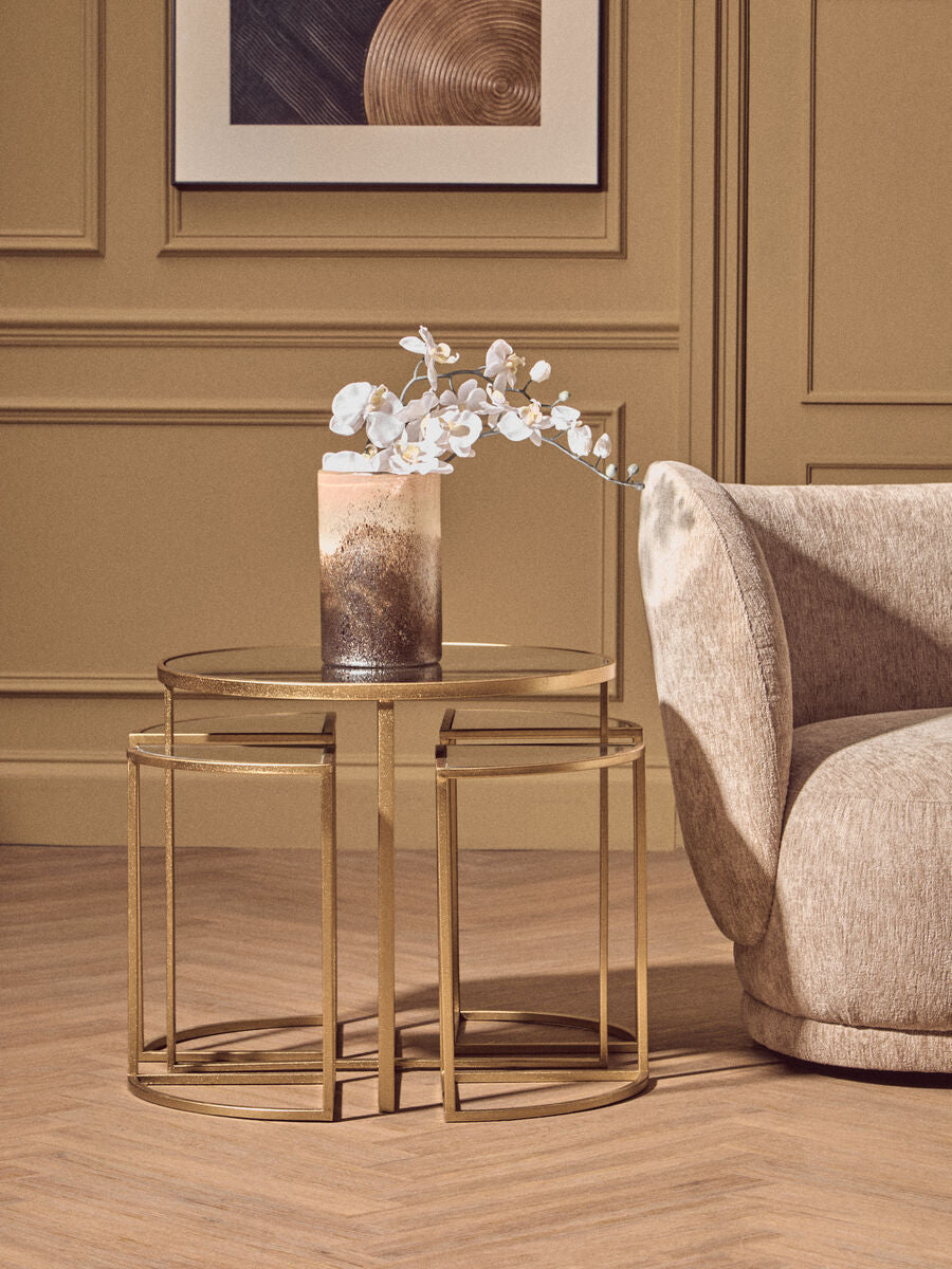 Set of 5 Champagne Gold Nesting Tables with Glass Tops