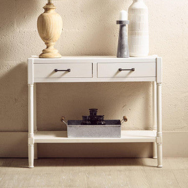 White Wooden Console Table with 2 Storage Drawers and Open Shelf