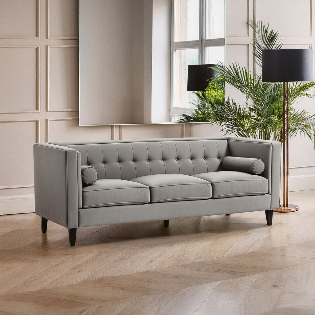 Grey Velvet 3 Seater Sofa with Buttoned Back