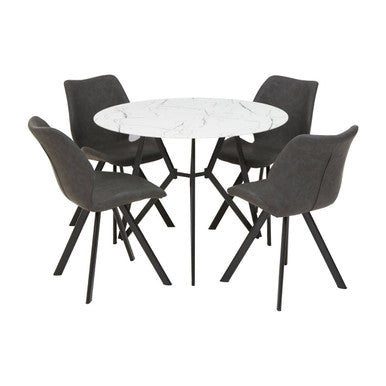 Round Marble Effect Dining Table with 6 Grey Chairs