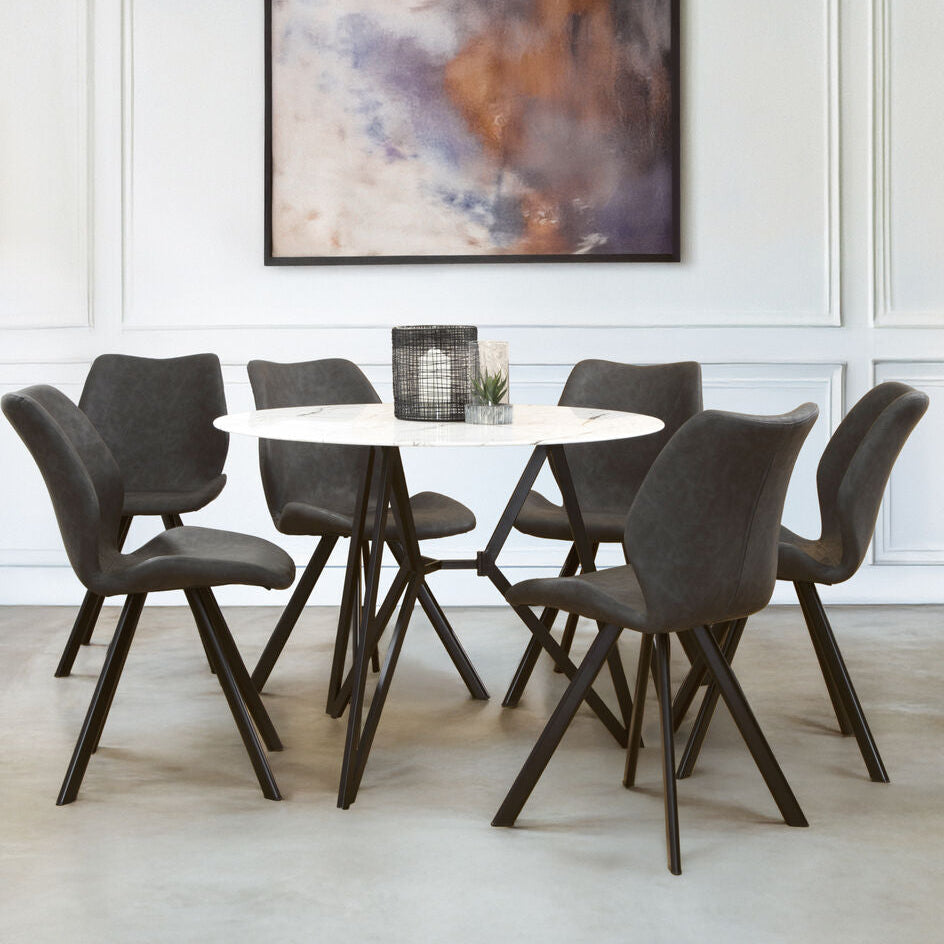 Round Marble Effect Dining Table with 6 Grey Chairs