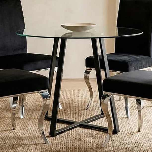 Clear Glass Top Matte Black Lattice Steel Dining Table