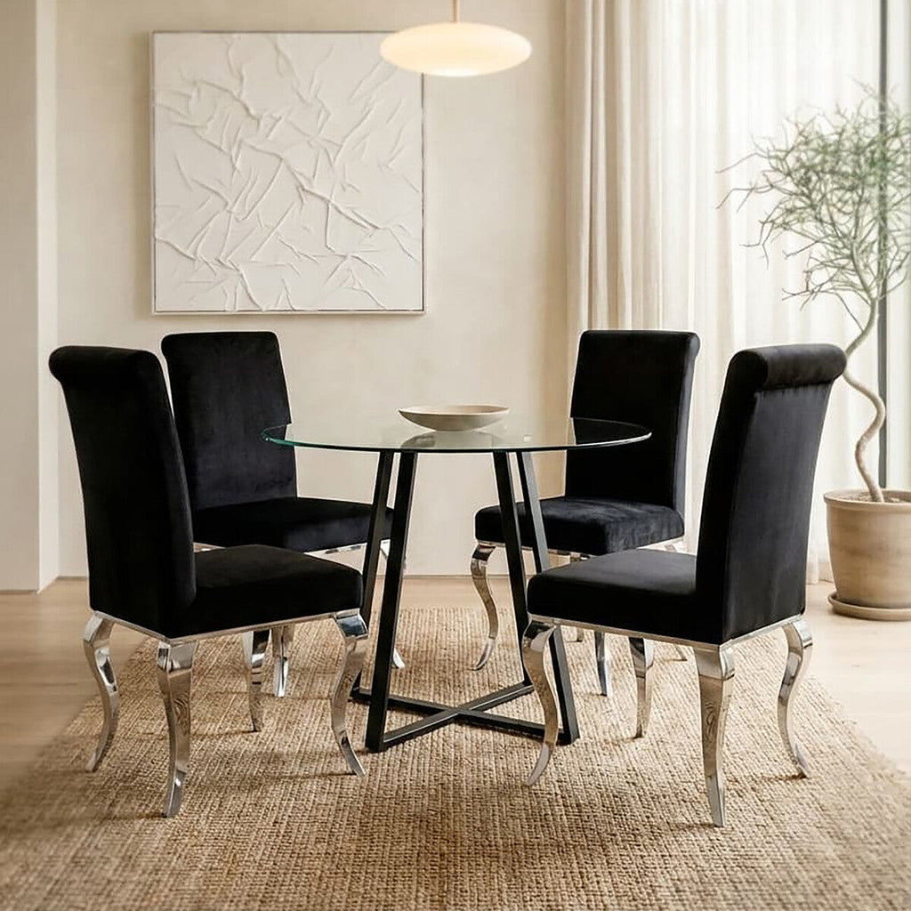 Clear Glass Top Matte Black Lattice Steel Dining Table