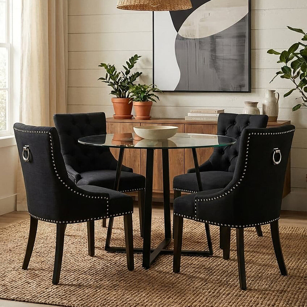 Clear Glass Top Matte Black Lattice Steel Dining Table