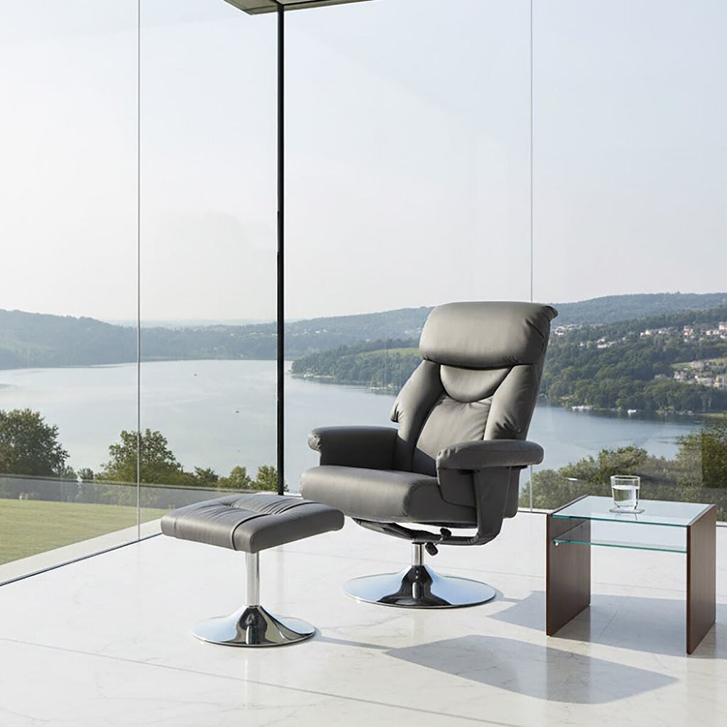 Grey Leather Effect Reclining Chair with Footstool