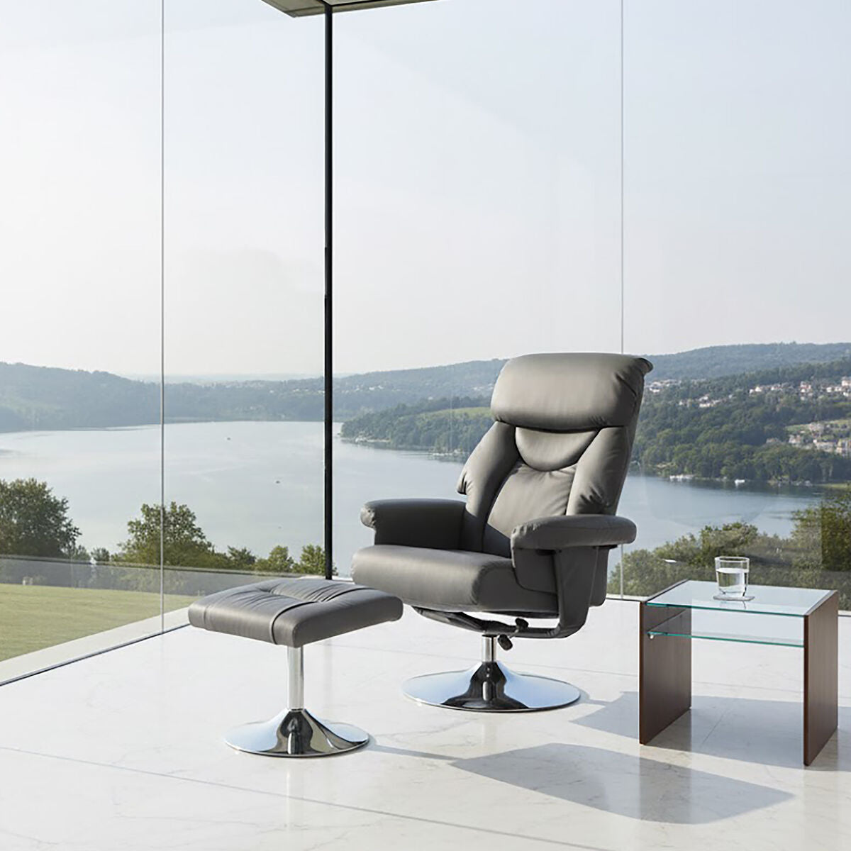Grey Leather Effect Reclining Chair with Footstool