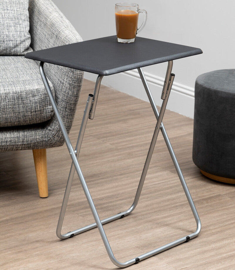 Black Wooden Top Folding Table with Silver Frame