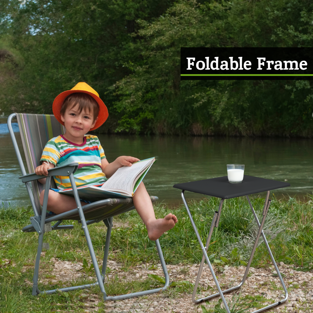 Black Wooden Top Folding Table with Silver Frame