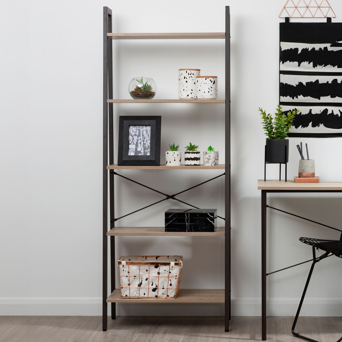 Five Tier Grey Oak Ladder Shelf Unit