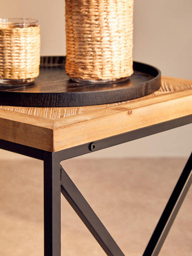 Natural Fir Wood Coffee Table with Black Metal Legs