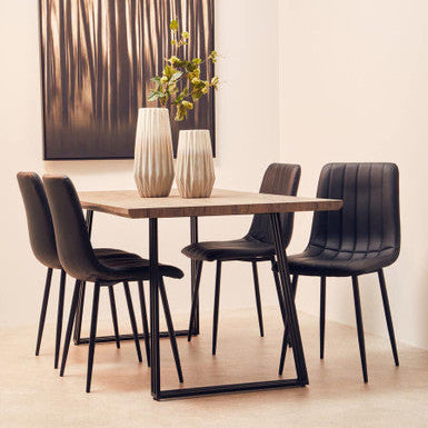 Light Brown Veneer Dining Table with Black U Shaped Metal Base