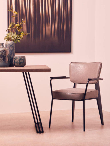 Light Brown Veneer Dining Table with Black U Shaped Metal Base