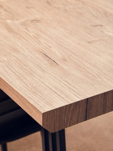 Light Brown Veneer Dining Table with Black U Shaped Metal Base