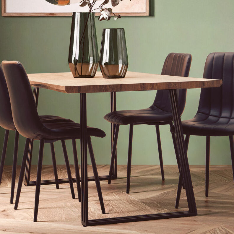 Light Brown Veneer Dining Table with Black U Shaped Metal Base