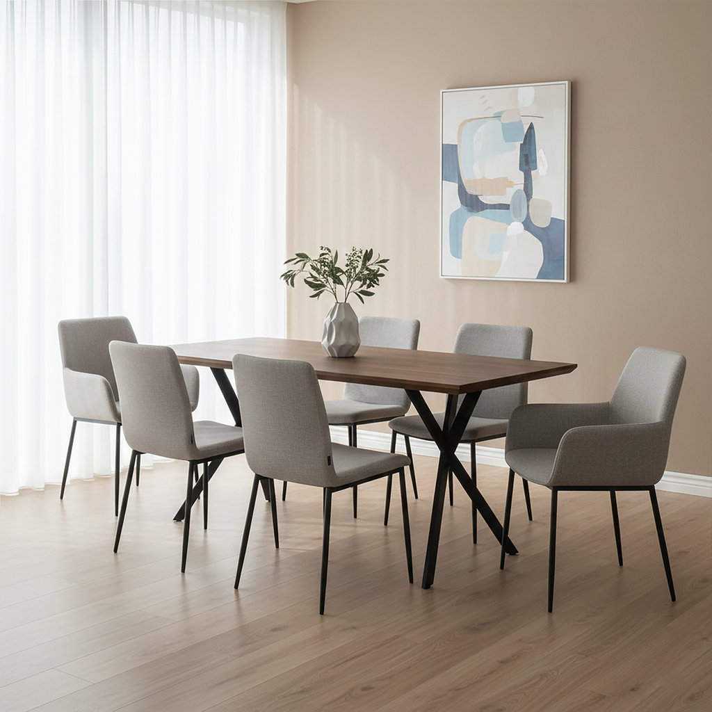 Brown Veneer Wooden Dining Table with Black X Base