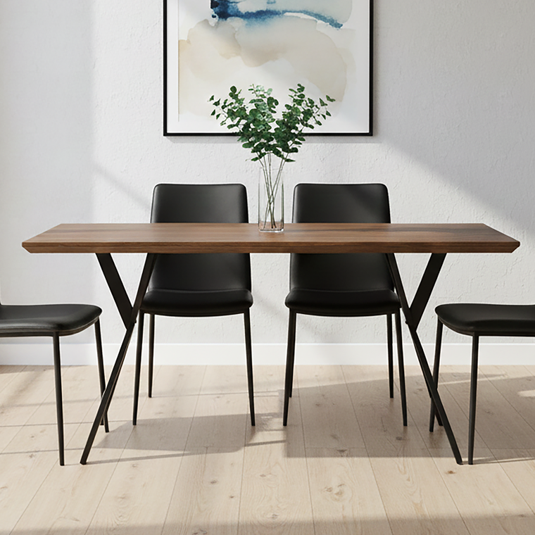 Brown Veneer Wooden Dining Table with Black X Base