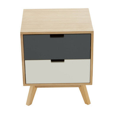 Grey and White Two Drawer Bedside Table with Natural Wood Legs