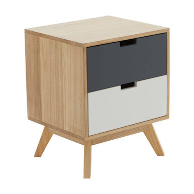 Grey and White Two Drawer Bedside Table with Natural Wood Legs
