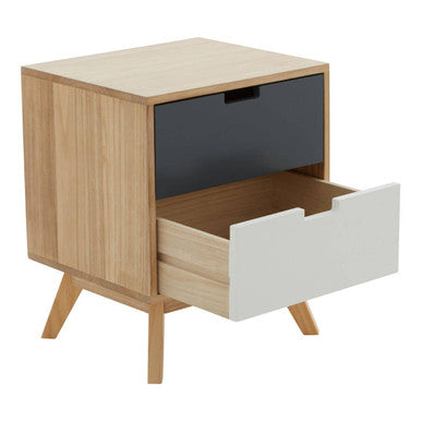 Grey and White Two Drawer Bedside Table with Natural Wood Legs