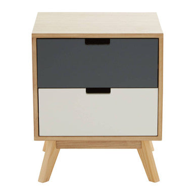Grey and White Two Drawer Bedside Table with Natural Wood Legs