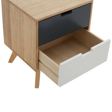 Grey and White Two Drawer Bedside Table with Natural Wood Legs