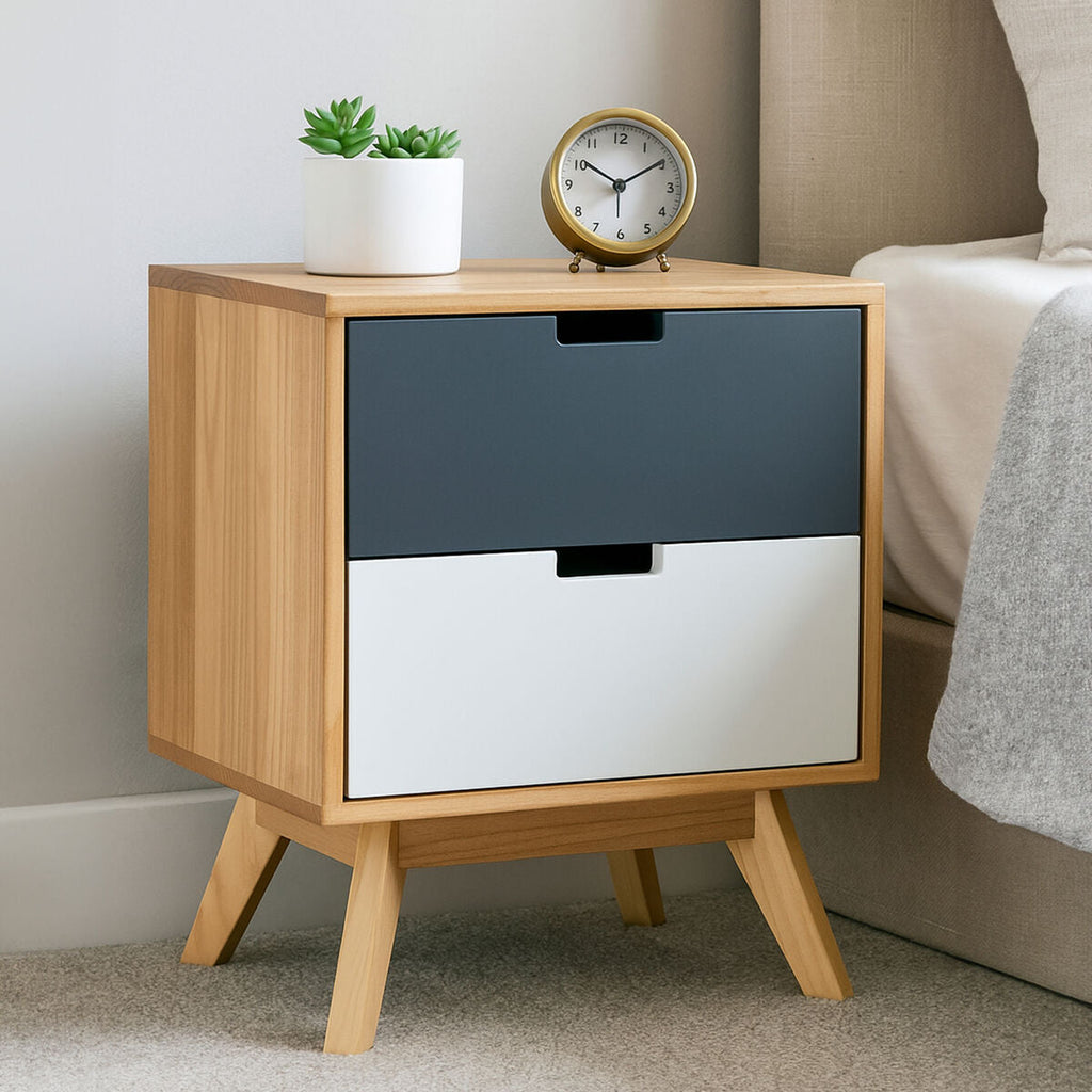 Grey and White Two Drawer Bedside Table with Natural Wood Legs
