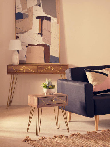 Wood Effect Console Table with 2 Storage Drawers and Hairpin Metal Legs
