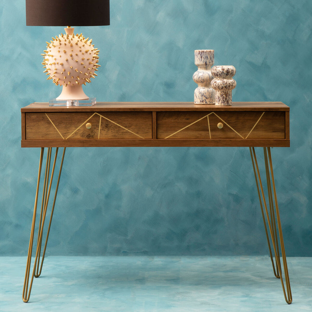 Wood Effect Console Table with 2 Storage Drawers and Hairpin Metal Legs