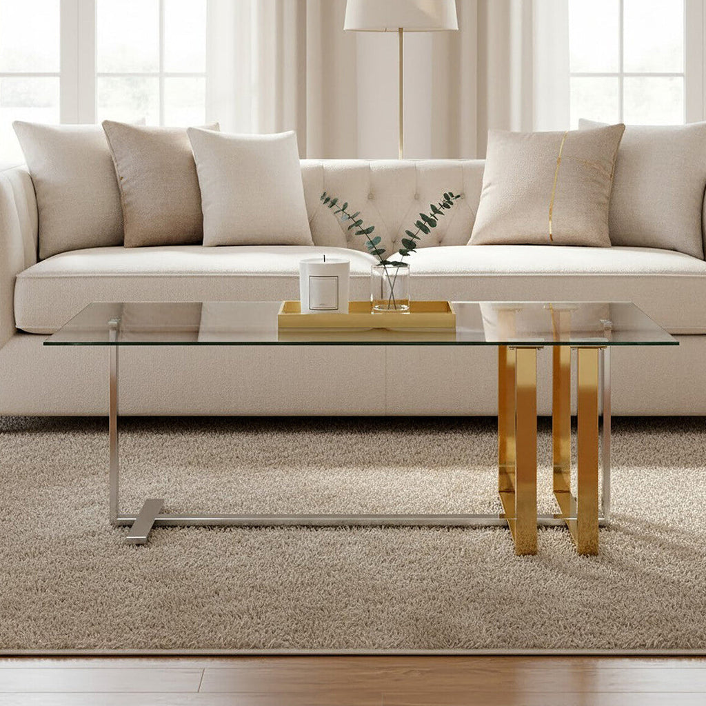 Silver and Gold Steel Frame Coffee Table with Glass Top