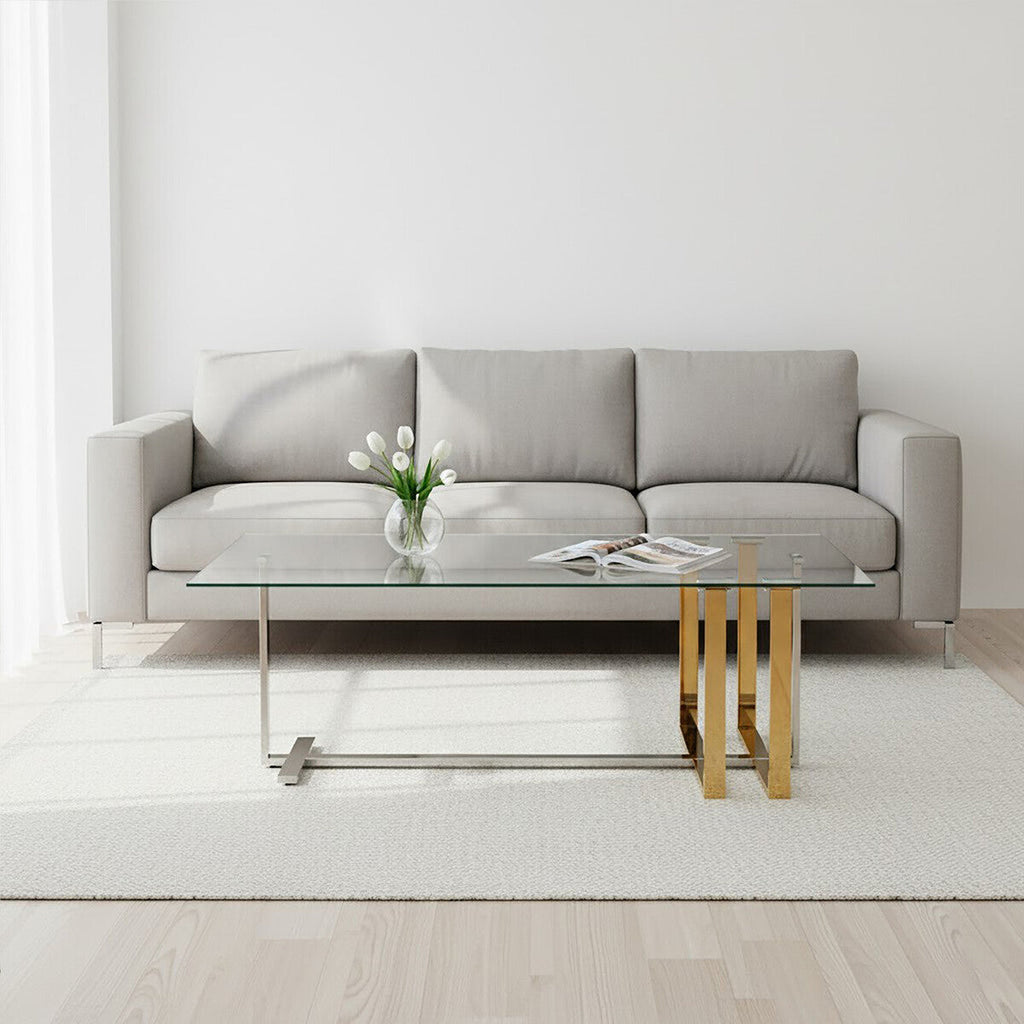 Silver and Gold Steel Frame Coffee Table with Glass Top