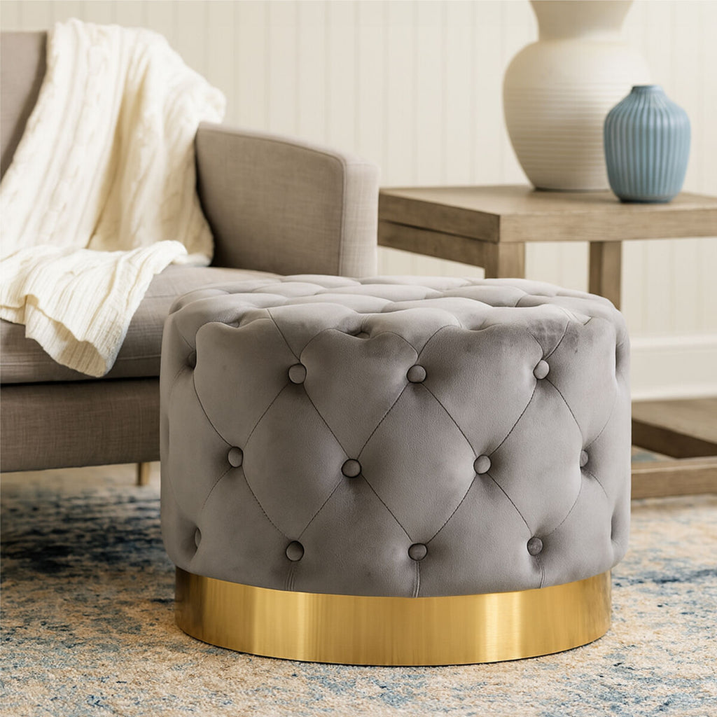 Grey Velvet Stool with Matte Gold Base