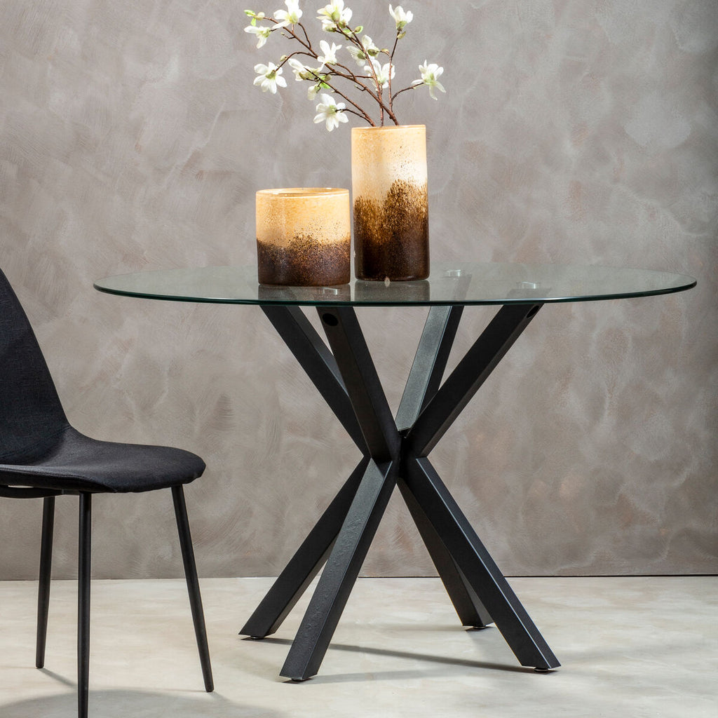 Clear Glass Round Dining Table with Black Metal Legs