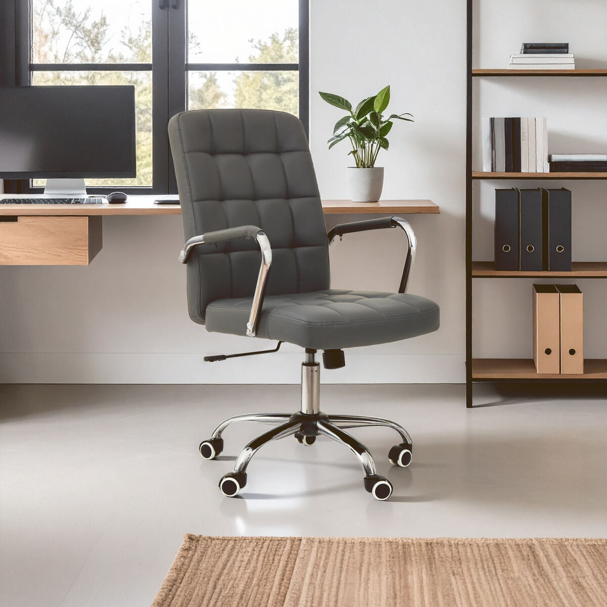 Grey Leather Effect Office Chair with Chrome Base