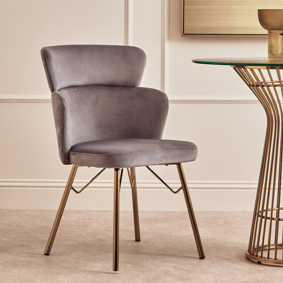 Grey Velvet Chair with Gold Base