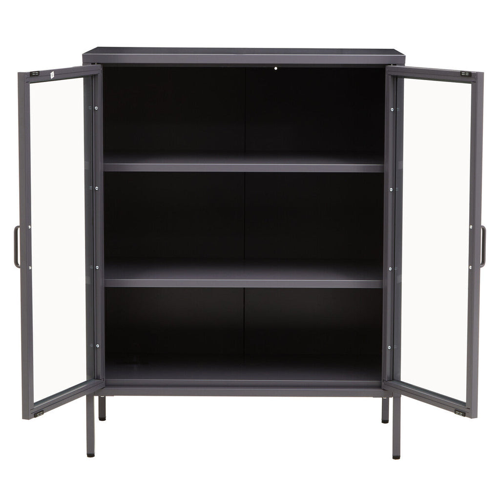 Two Door Grey Metal Cabinet with Tempered Glass